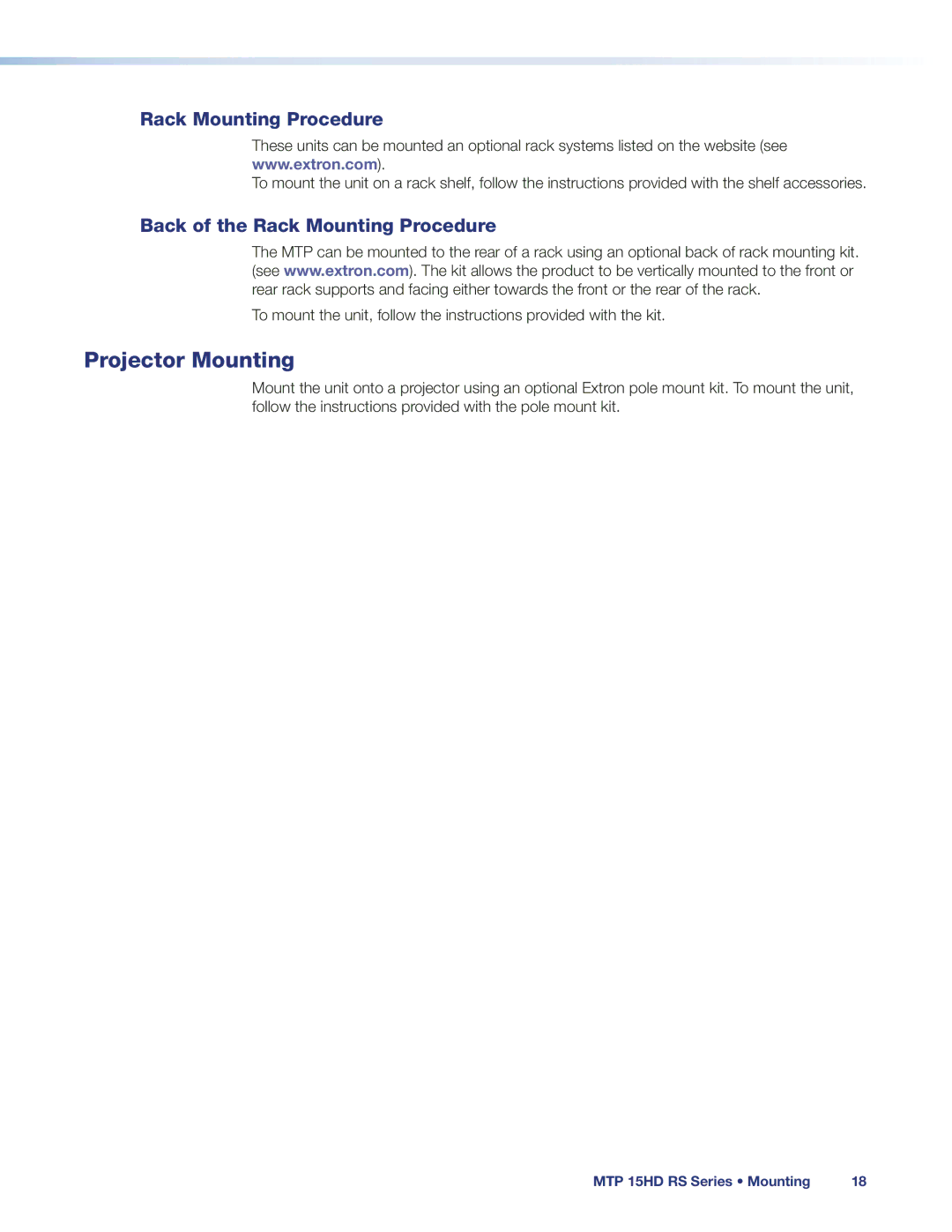 Extron electronic MTP 15HD manual Projector Mounting, Back of the Rack Mounting Procedure 