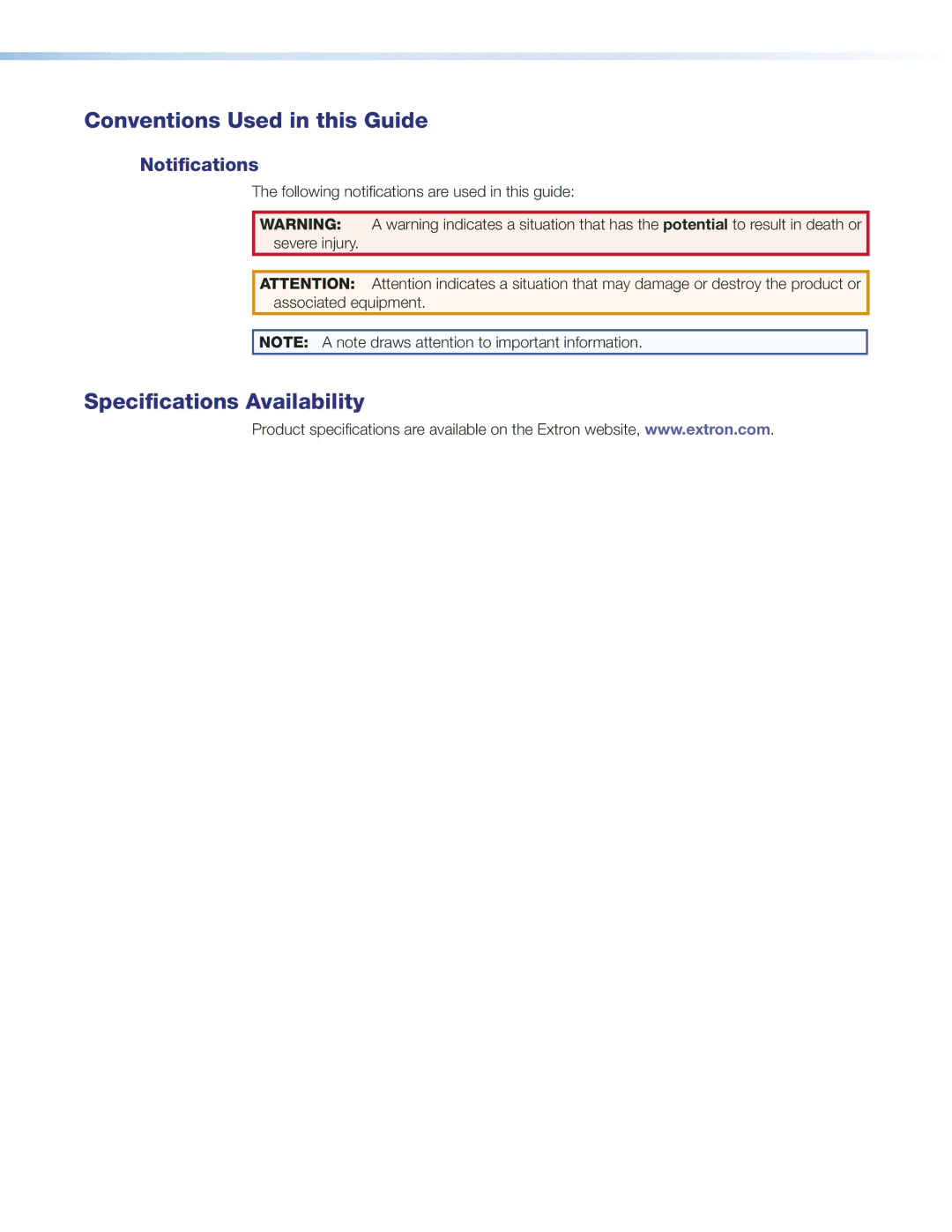 Extron electronic MTP 15HD manual Conventions Used in this Guide, Specifications Availability, Notifications 