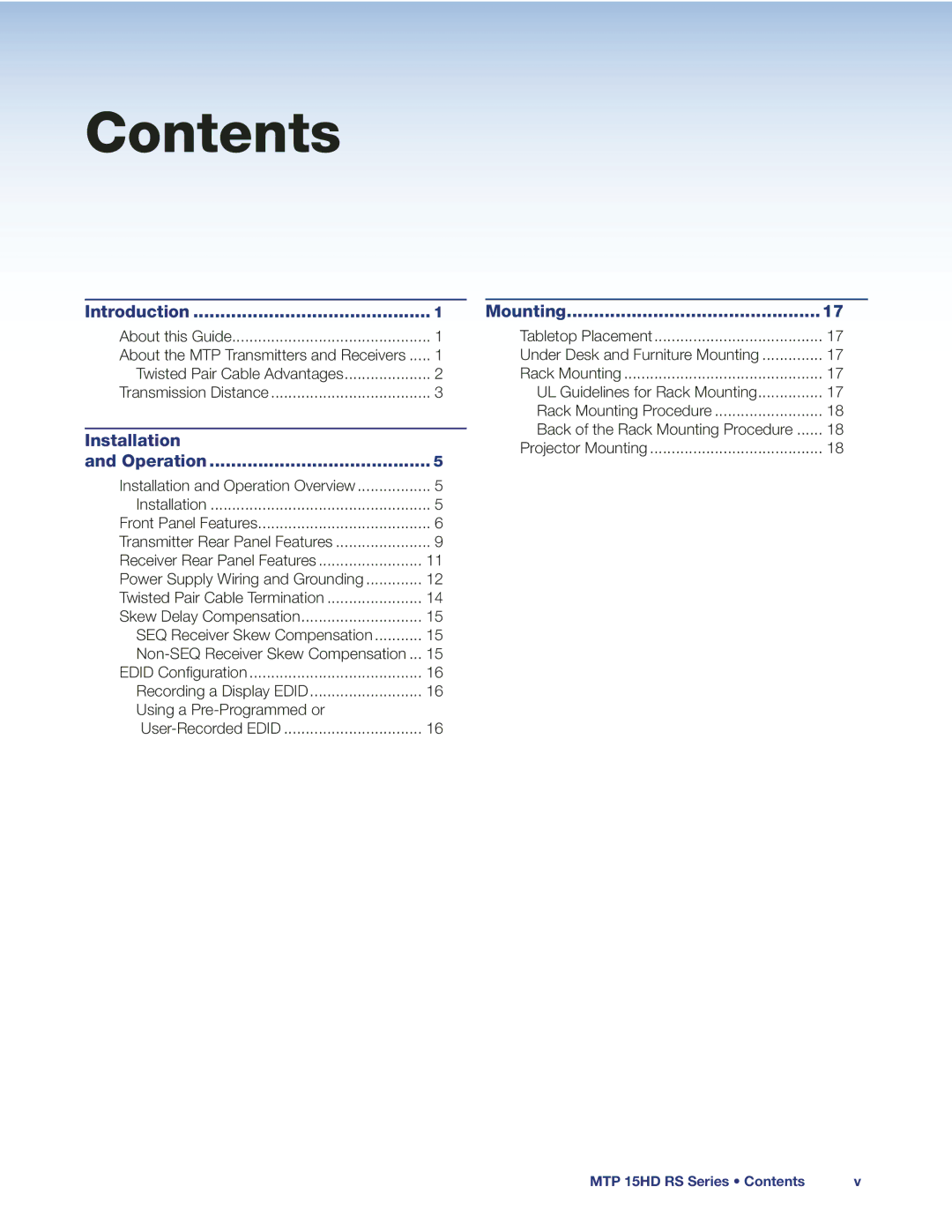 Extron electronic MTP 15HD manual Contents 