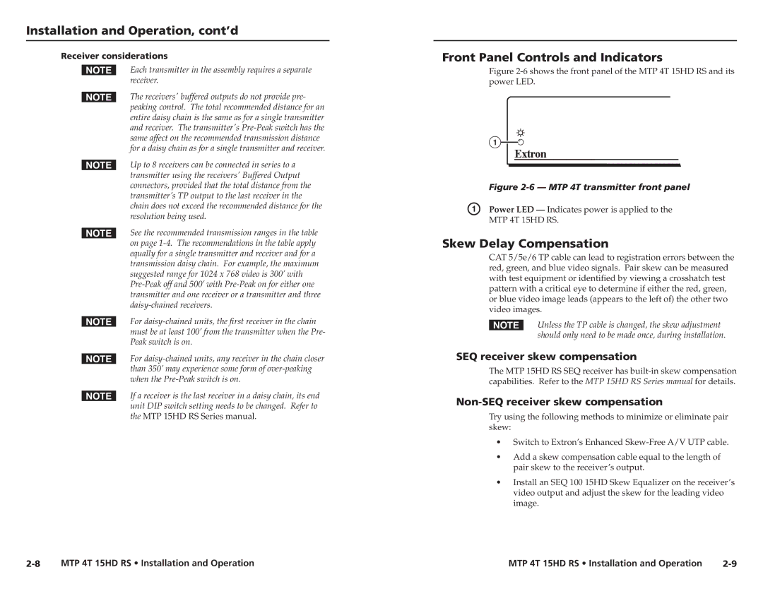 Extron electronic MTP 4T 15HD RS Front Panel Controls and Indicators, Skew Delay Compensation, Receiver considerations 
