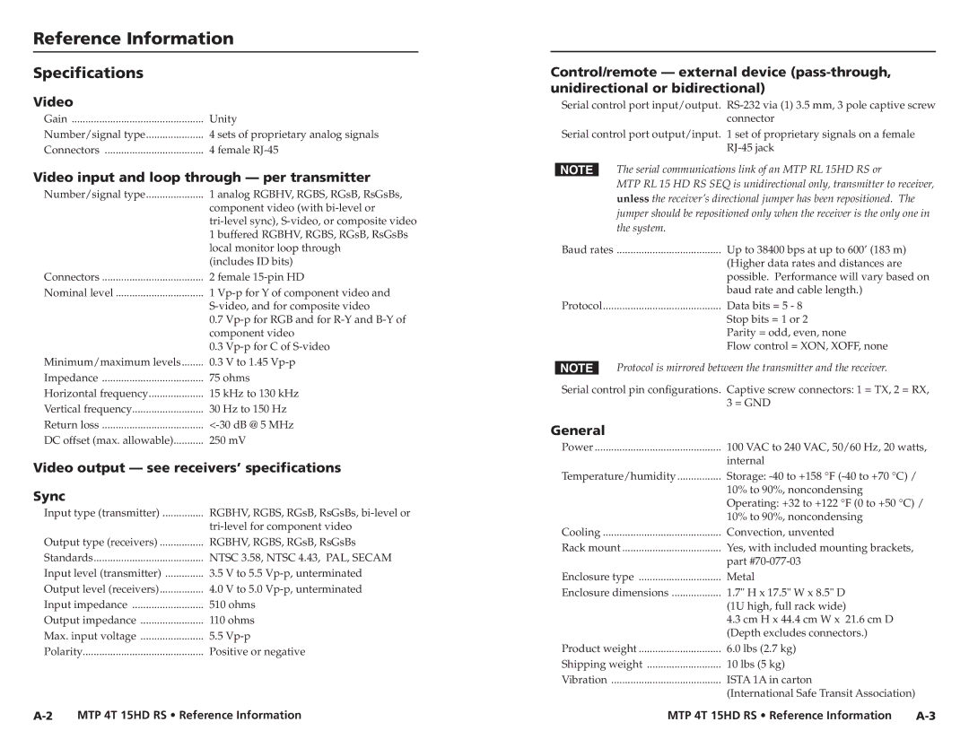 Extron electronic MTP 4T 15HD RS user manual Reference Information, Specifications 