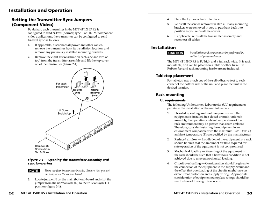 Extron electronic MTP 4T 15HD RS Installation and Operation, Setting the Transmitter Sync Jumpers Component Video 