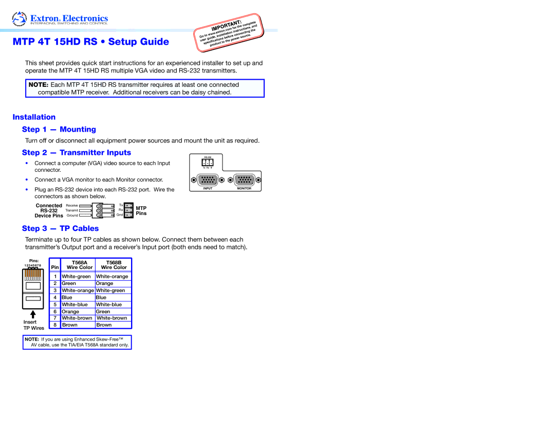 Extron electronic setup guide MTP 4T 15HD RS Setup Guide, Installation Mounting, Transmitter Inputs, TP Cables 