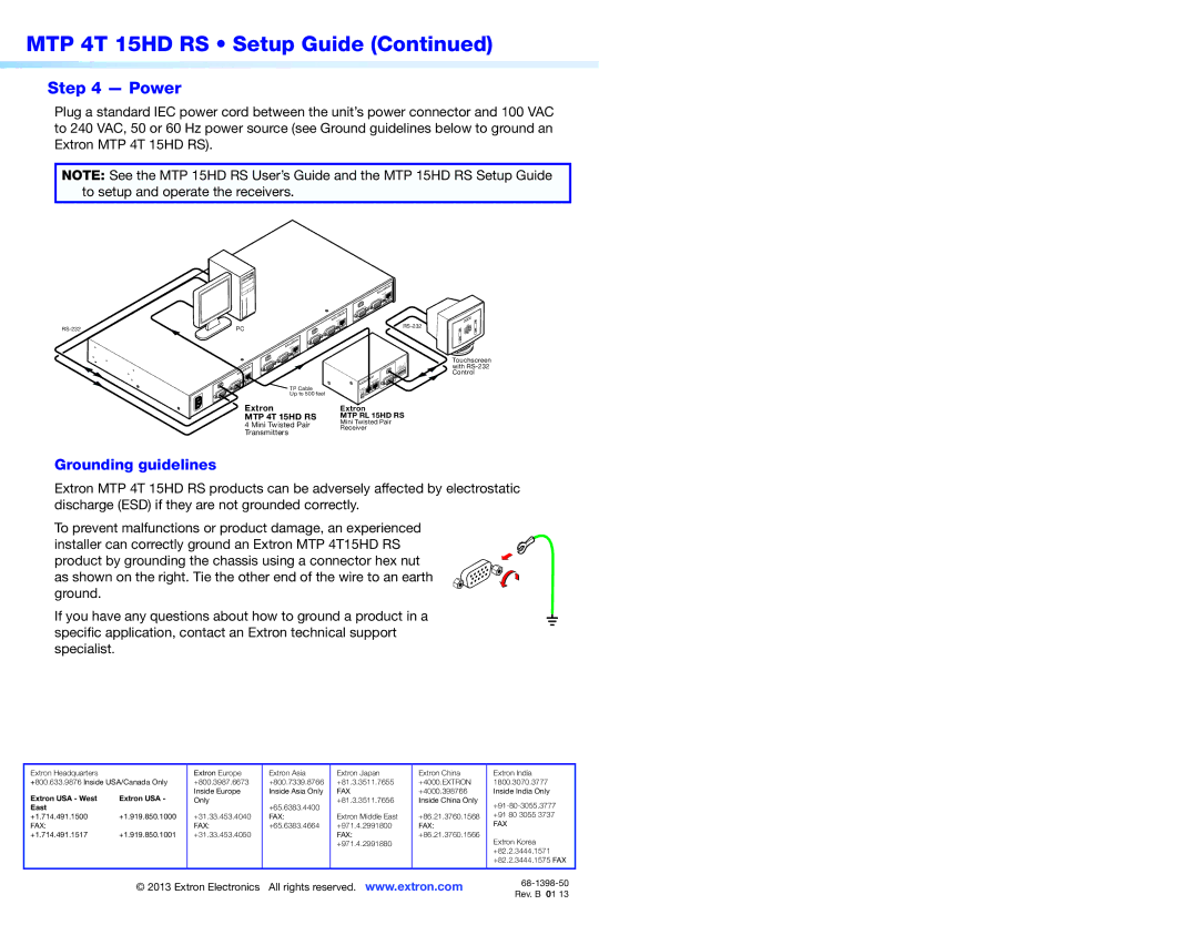 Extron electronic MTP 4T 15HD RS setup guide Power, Grounding guidelines 