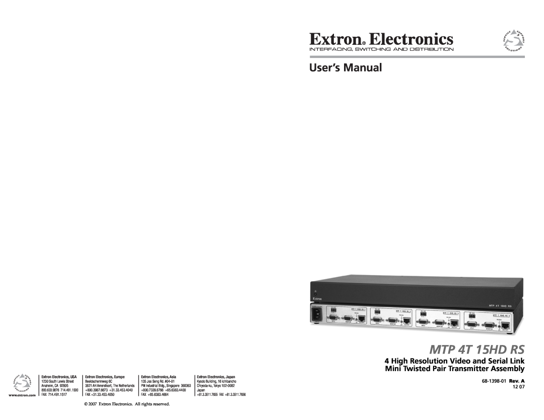 Extron electronic MTP 4T 15HD RS user manual 68-1398-01 Rev. A, Extron Electronics, USA, Extron Electronics, Europe, Japan 