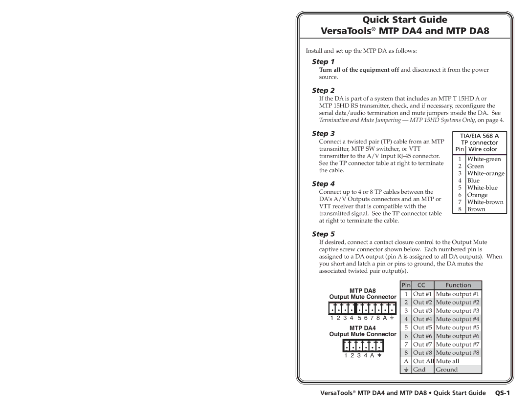 Extron electronic manual Quick Start Guide VersaTools MTP DA4 and MTP DA8 