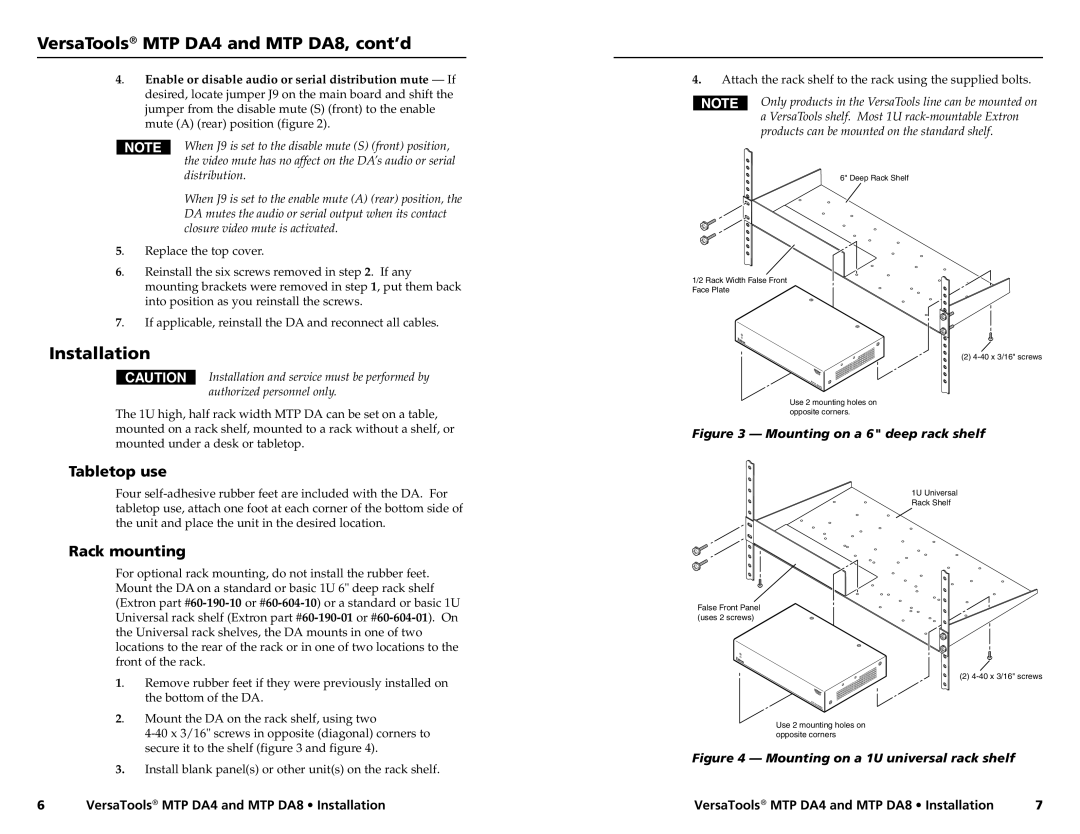 Extron electronic MTP DA8, MTP DA4 manual Installation, Tabletop use, Rack mounting 