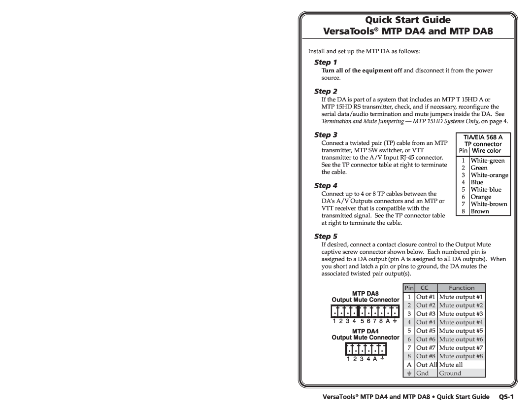 Extron electronic manual Quick Start Guide VersaTools MTP DA4 and MTP DA8, Step, Pin CC, Function 