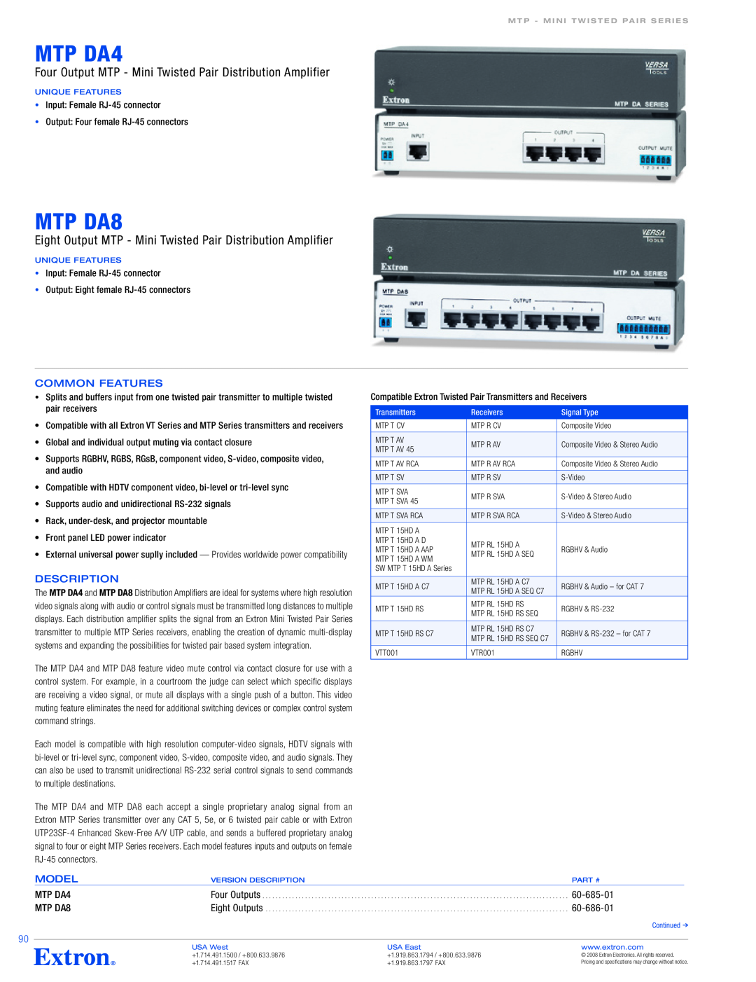 Extron electronic MTP DA84, MTP DAA4 specifications Common Features, Description, Model, MTP DA4, 60-685-01, 60-686-01 