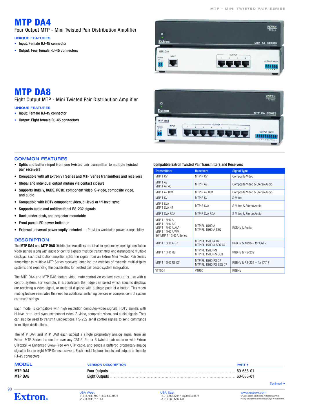 Extron electronic MTP DA84, MTP DAA4 specifications Description, MTP DA4, Unique Features 