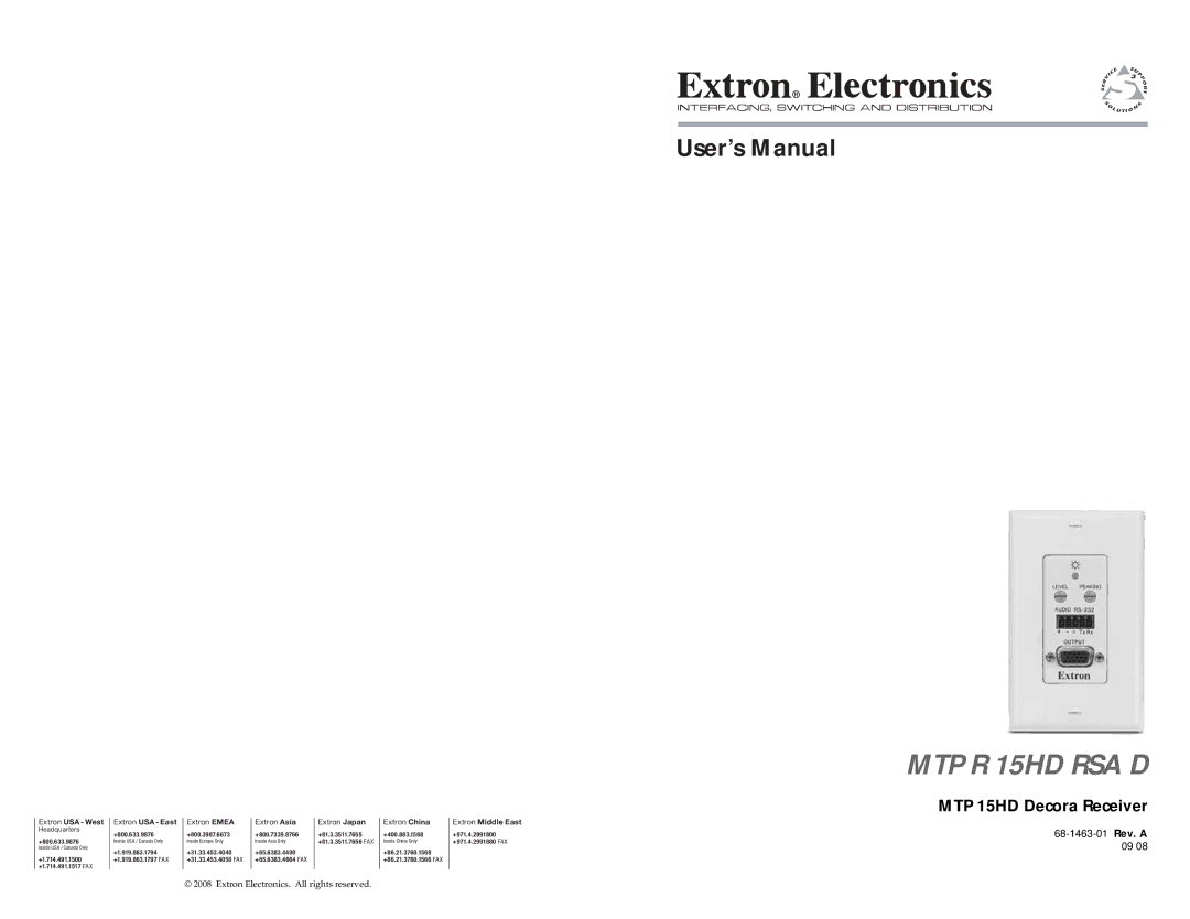 Extron electronic MTP R 15HD RSA D user manual MTP 15HD Decora Receiver 