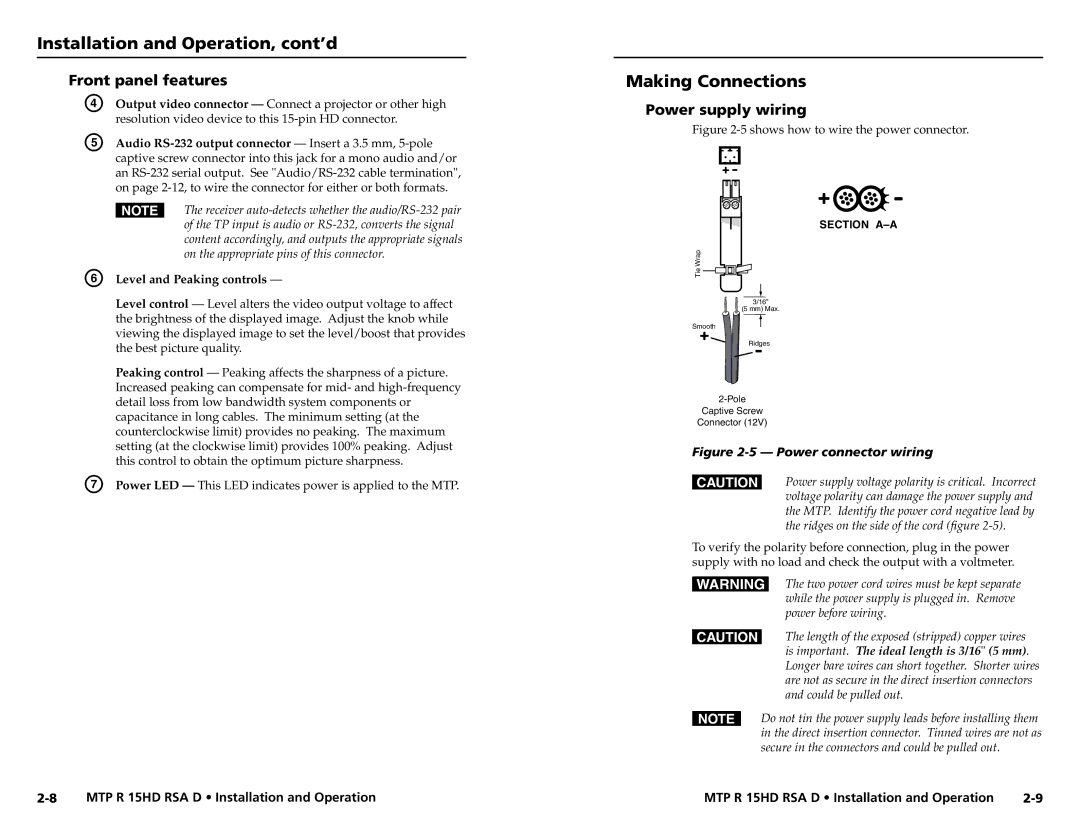 Extron electronic MTP R 15HD RSA D user manual Making Connections, Front panel features, Power supply wiring 