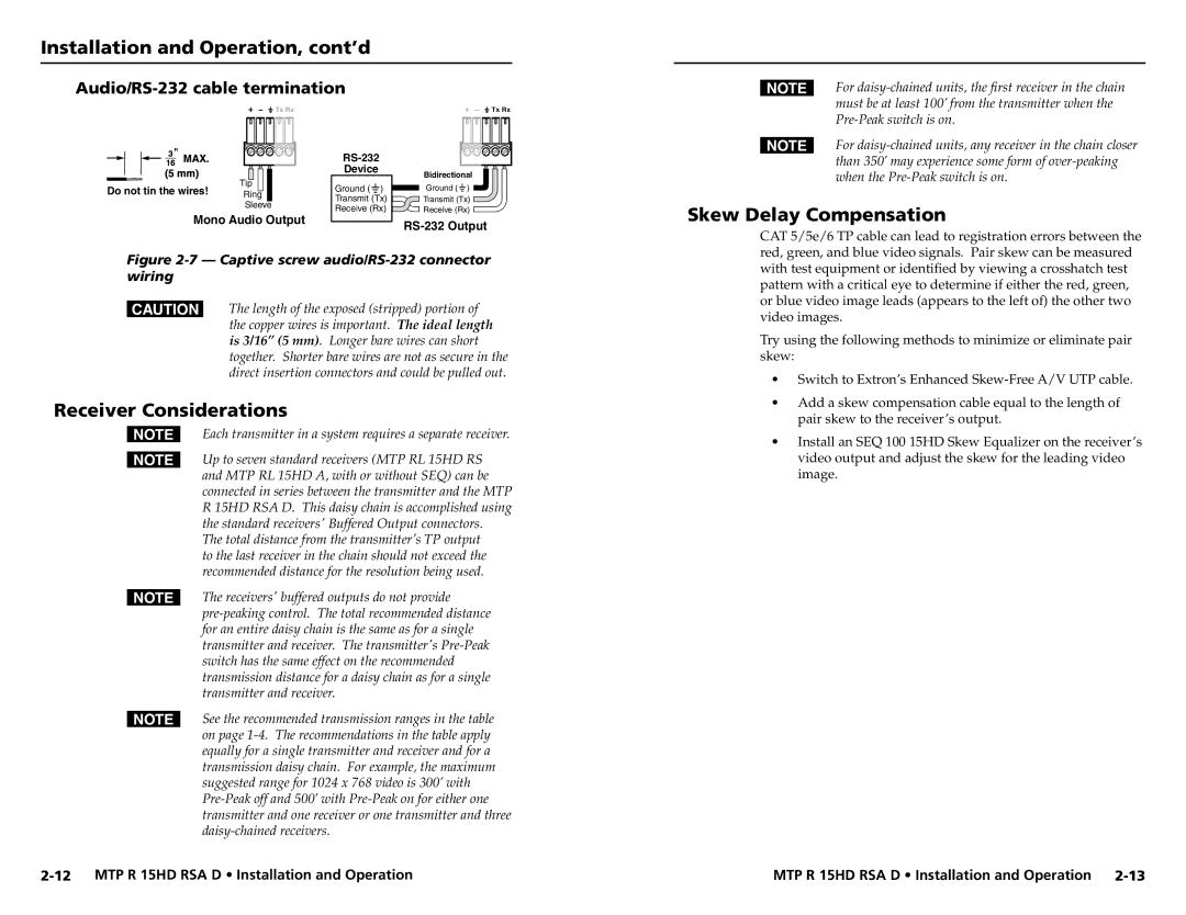 Extron electronic MTP R 15HD RSA D Receiver Considerations, Skew Delay Compensation, Audio/RS-232 cable termination 