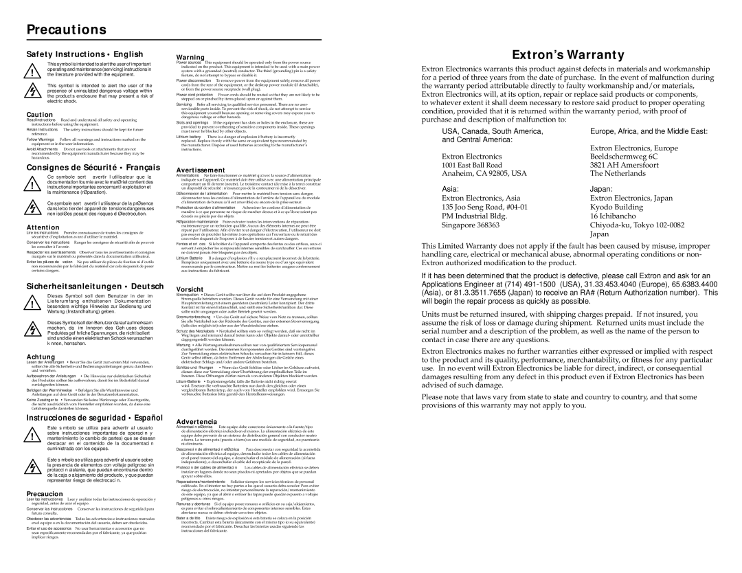 Extron electronic MTP R 15HD RSA D user manual Precautions, Extron’s Warranty 