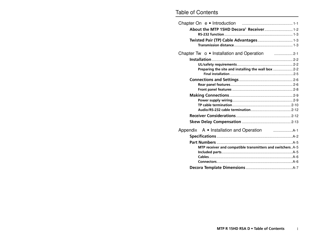 Extron electronic MTP R 15HD RSA D user manual Table of Contents 