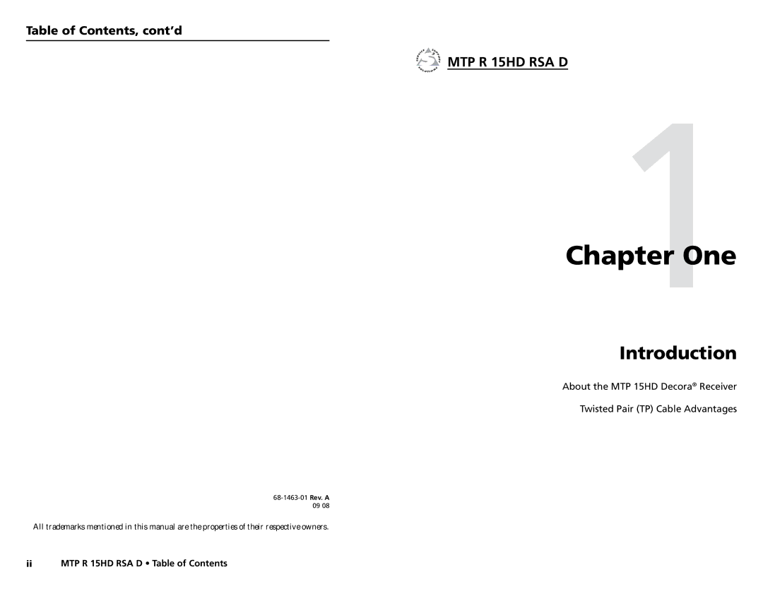 Extron electronic MTP R 15HD RSA D user manual One, Table of Contents, cont’d 