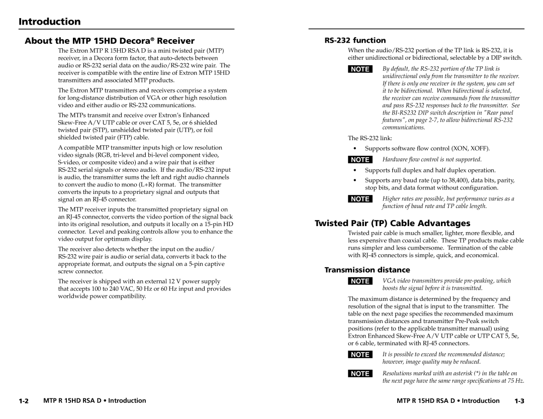 Extron electronic MTP R 15HD RSA D Introduction, About the MTP 15HD Decora Receiver, Twisted Pair TP Cable Advantages 