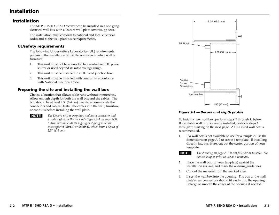 Extron electronic MTP R 15HD RSA D Installation, UL/safety requirements, Preparing the site and installing the wall box 