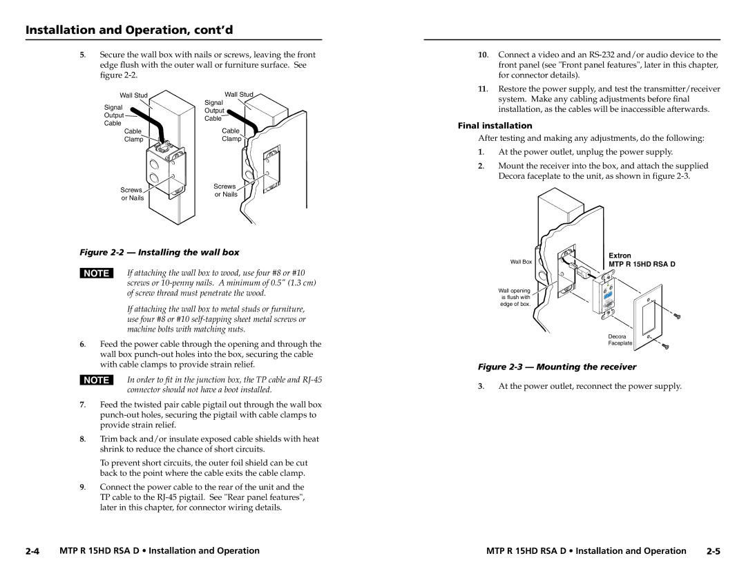 Extron electronic MTP R 15HD RSA D user manual Installation and Operation, cont’d, Final installation 