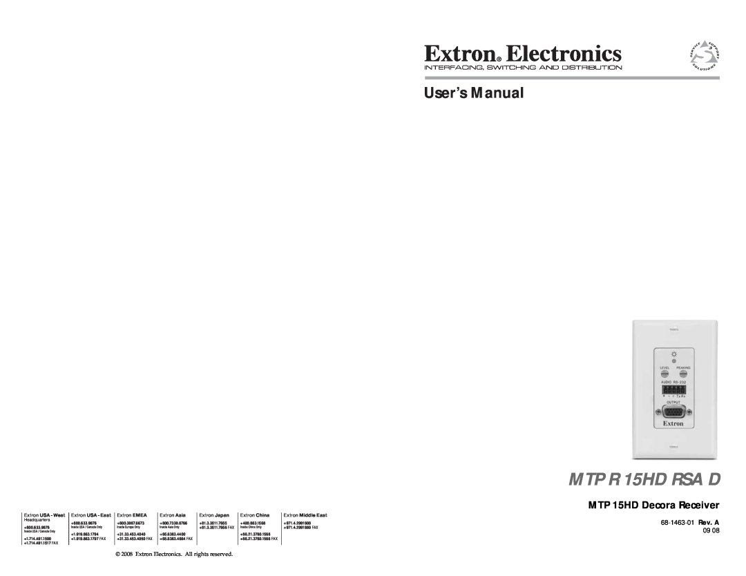 Extron electronic MTP R 15HD RSA D user manual MTP 15HD Decora Receiver, Extron Electronics. All rights reserved 