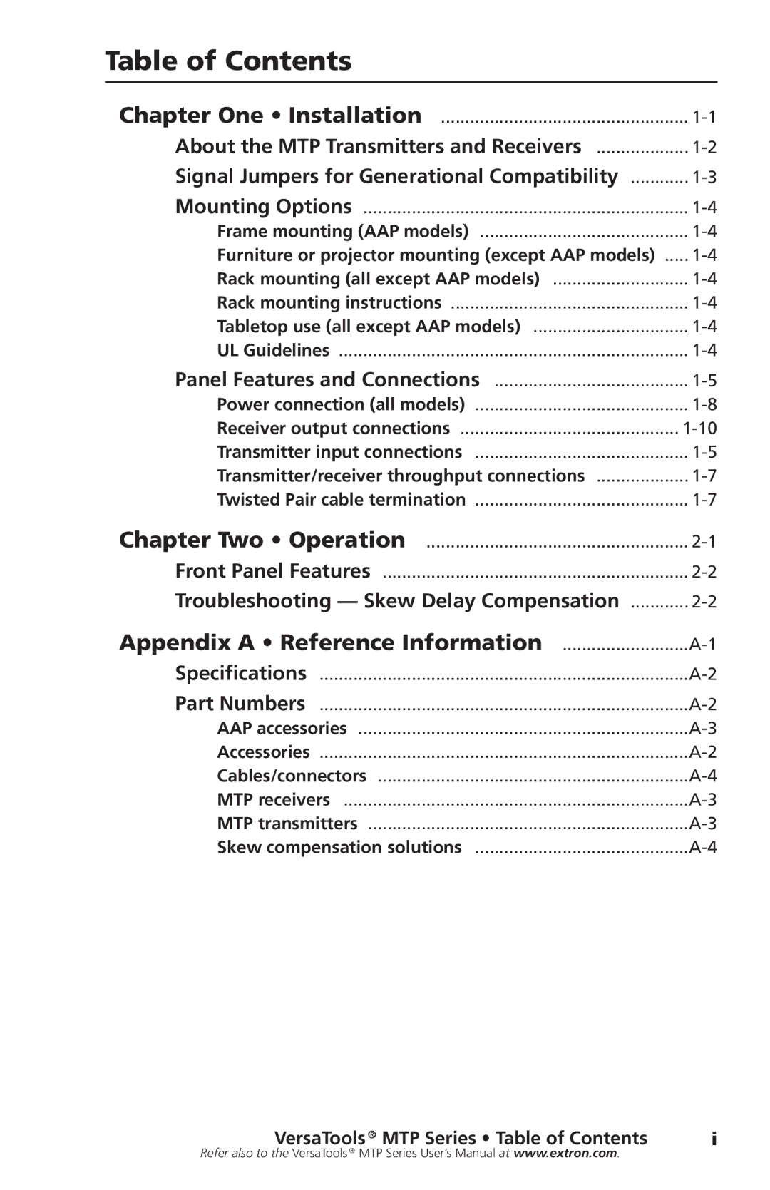 Extron electronic MTP Series setup guide Table of Contents 