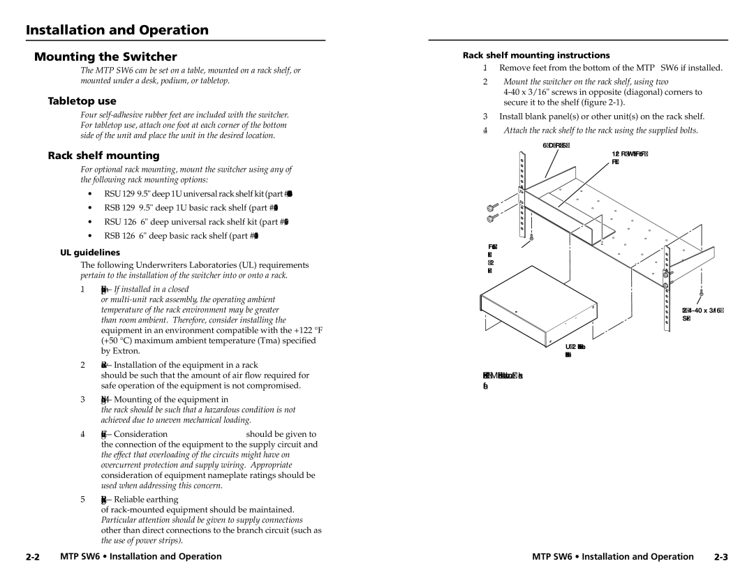 Extron electronic MTP SW6 user manual Installation and Operation, Mounting the Switcher, Tabletop use, Rack shelf mounting 