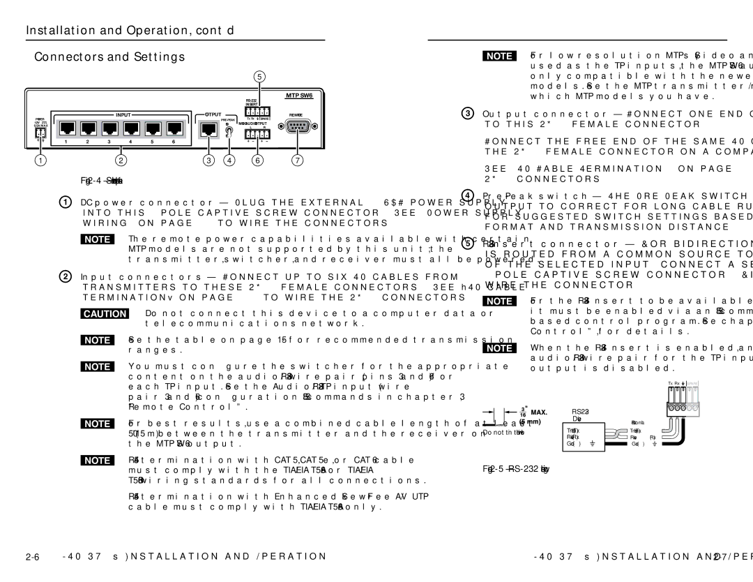 Extron electronic MTP SW6 user manual Installation and Operation, cont’d Connectors and Settings 