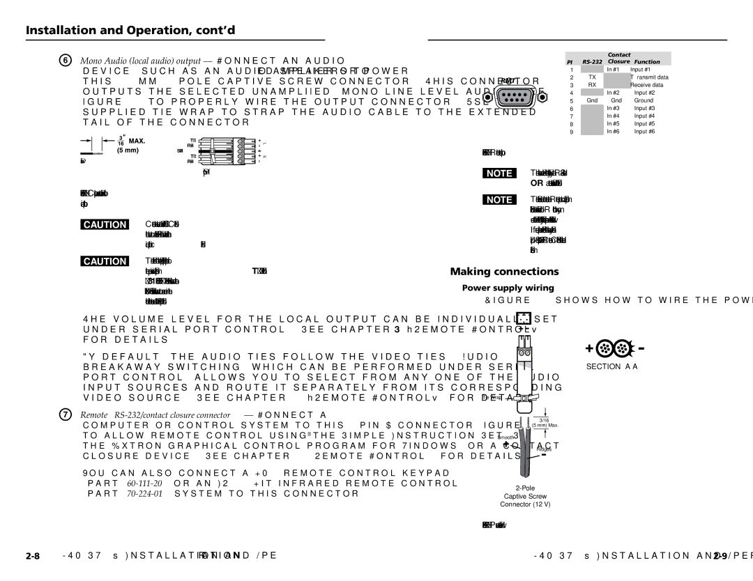 Extron electronic MTP SW6 user manual Making connections, Power supply wiring 