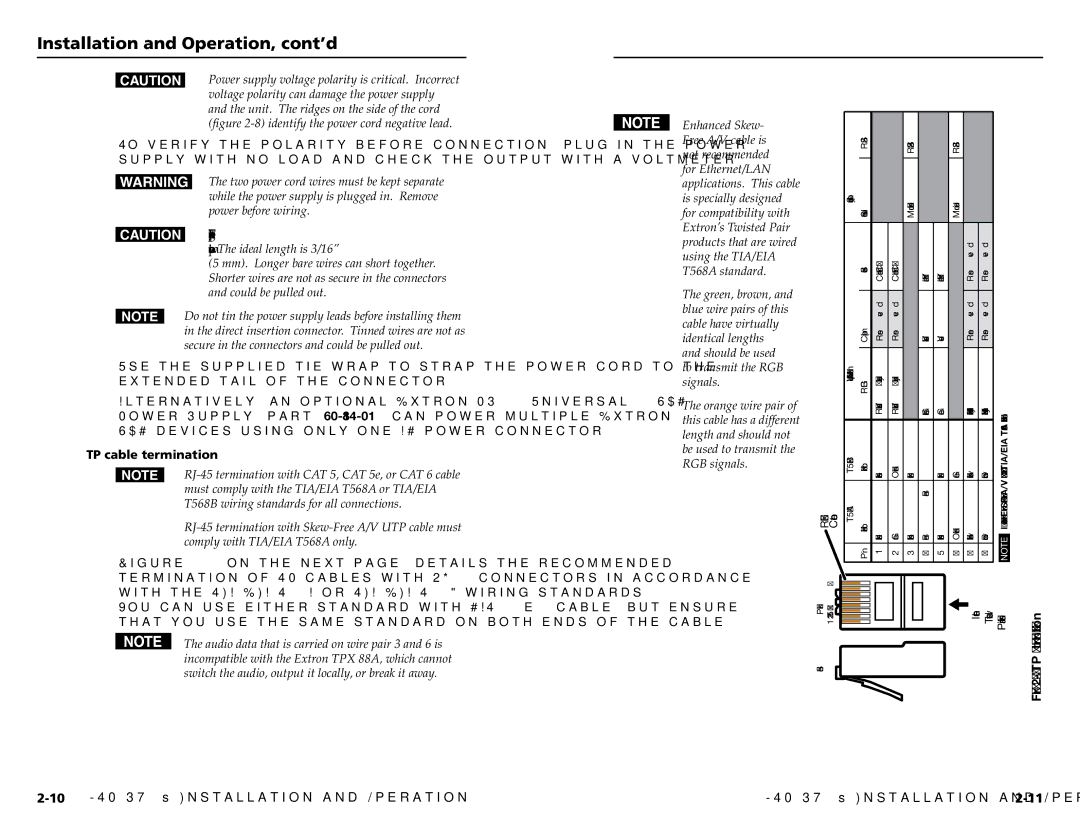 Extron electronic MTP SW6 user manual TP cable termination, RJ-45 Connector 