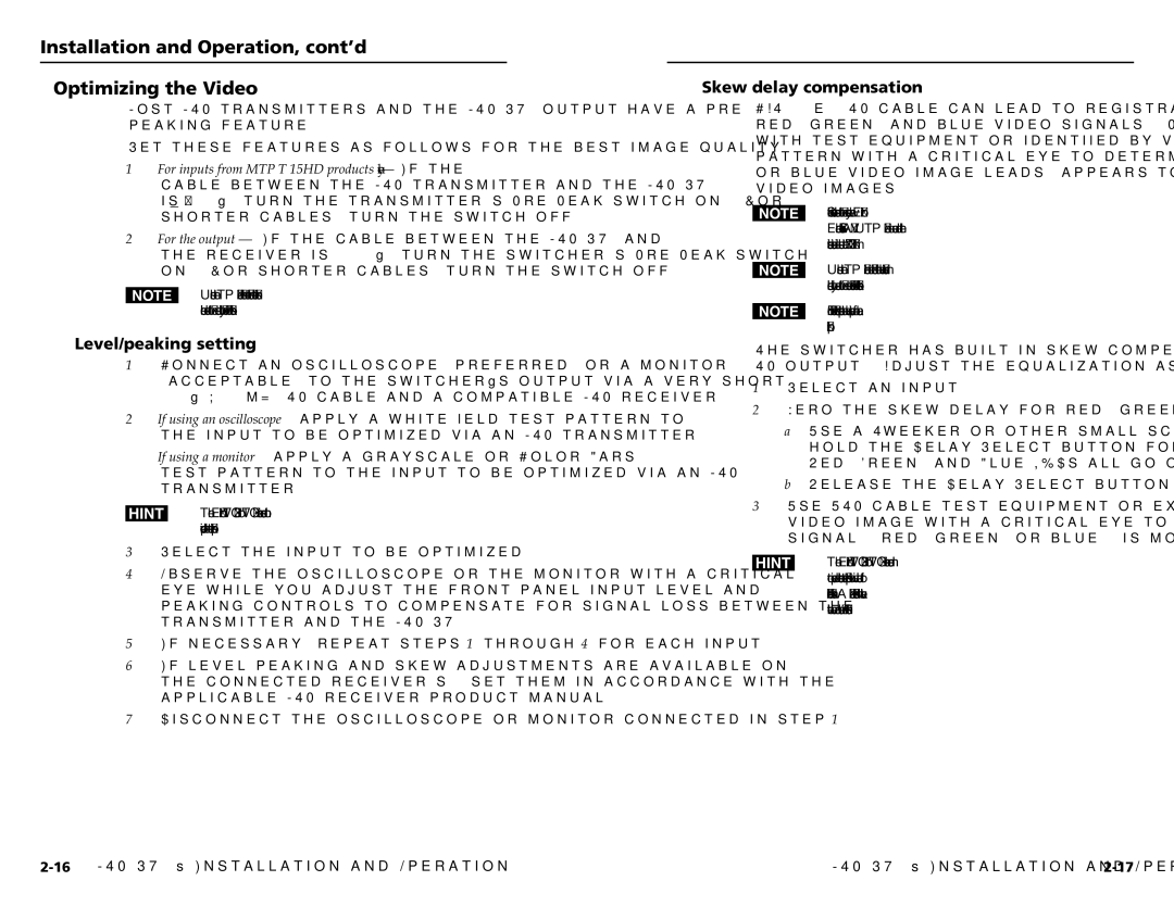 Extron electronic MTP SW6 user manual Installation and Operation, cont’d Optimizing the Video, Level/peaking setting 