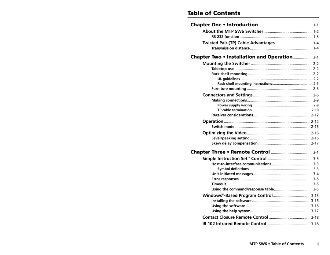 Extron electronic MTP SW6 user manual Table of Contents 