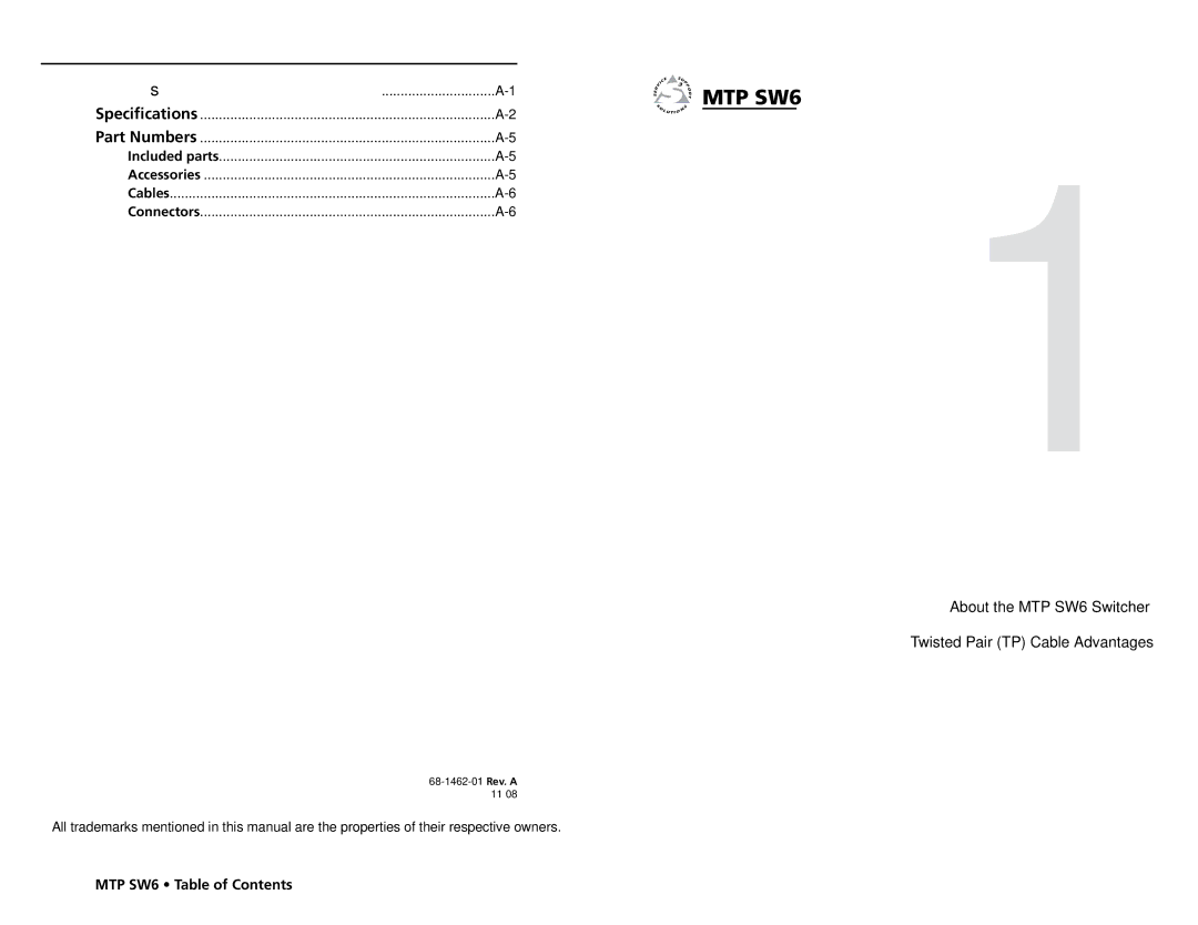 Extron electronic MTP SW6 user manual Table of Contents, cont’d, Appendix a Reference Information 