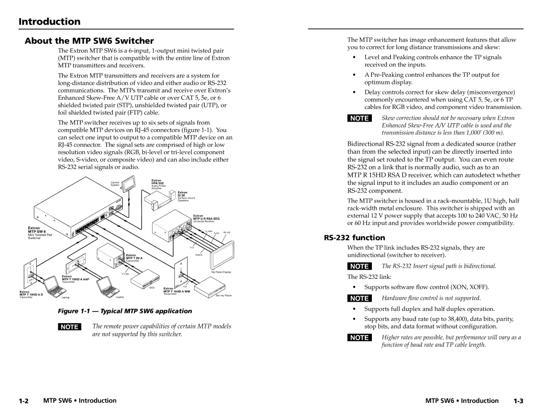 Extron electronic user manual Introduction, About the MTP SW6 Switcher, RS-232 function 