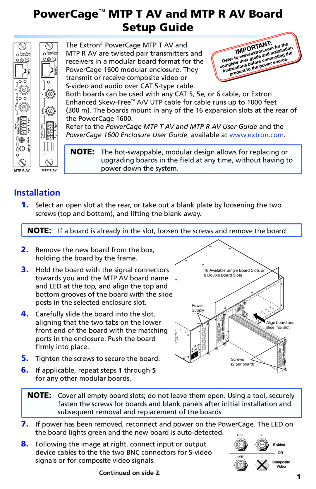 Extron electronic setup guide PowerCage MTP T AV and MTP R AV Board Setup Guide, Installation 