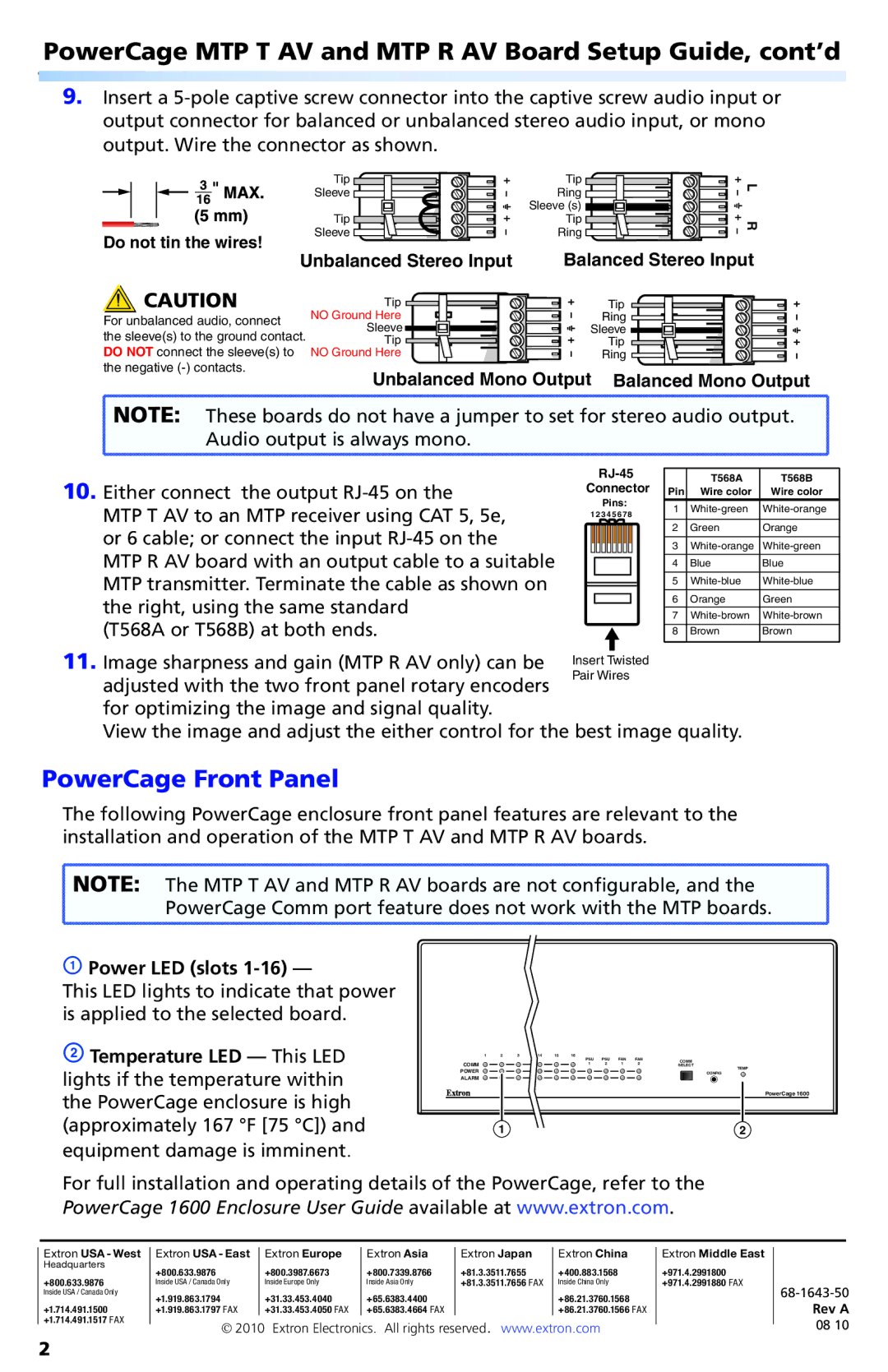 Extron electronic setup guide PowerCage MTP T AV and MTP R AV Board Setup Guide, cont’d, PowerCage Front Panel 