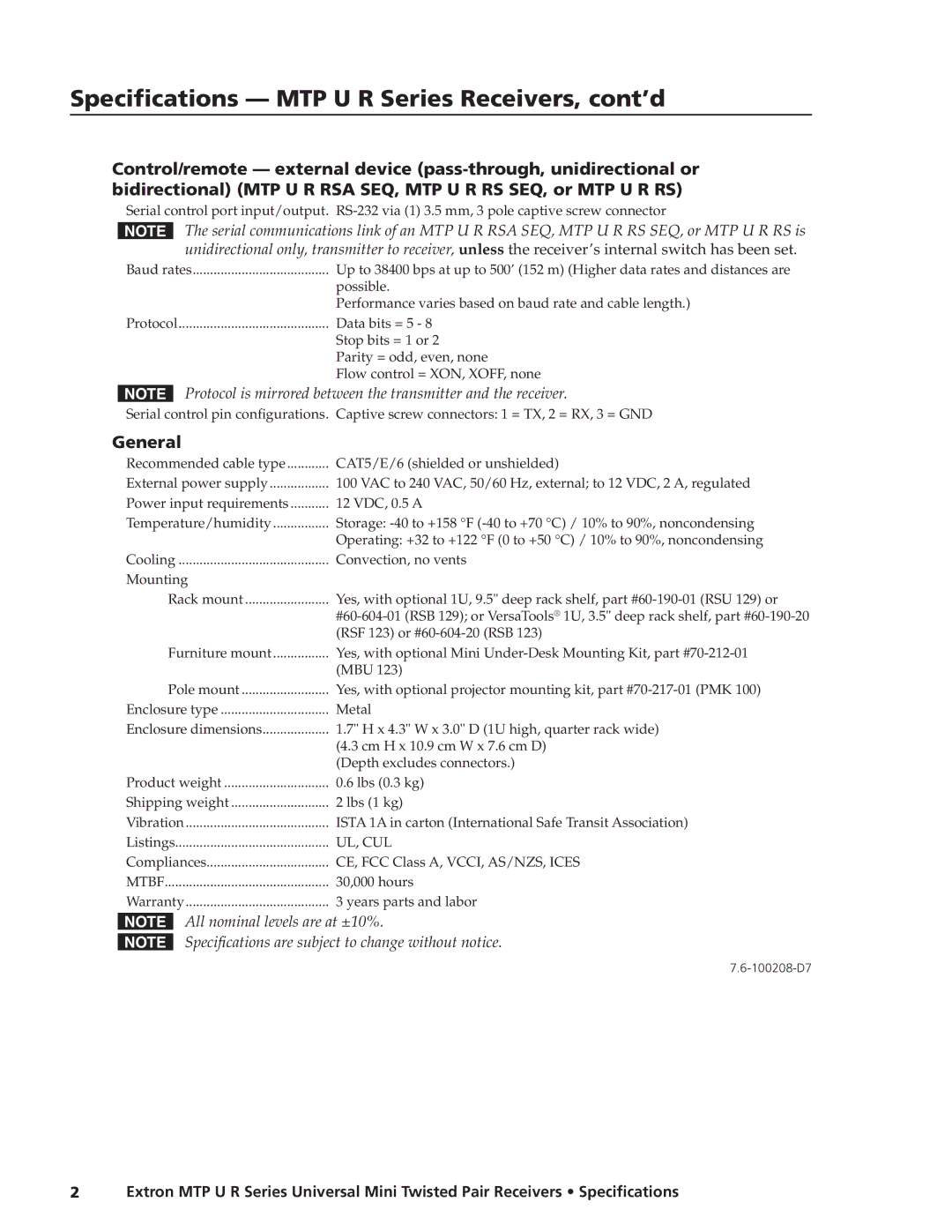 Extron electronic MTP U R Series specifications General, Cooling Convection, no vents 