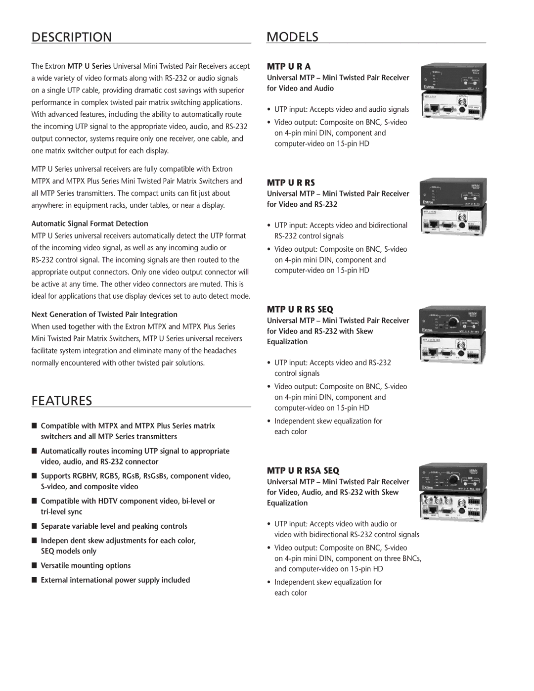 Extron electronic MTP U Series manual Features, MODels 