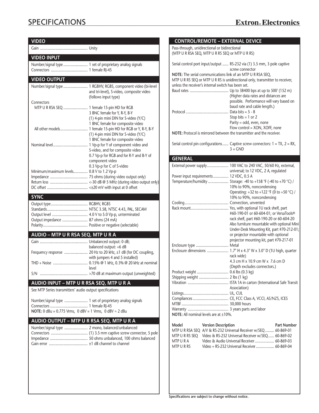 Extron electronic MTP U Series manual Specifications, Video output 