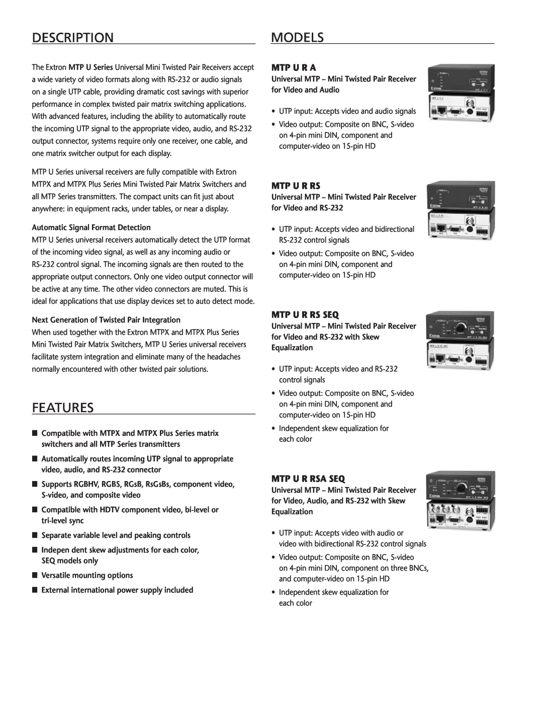 Extron electronic MTP U Series manual Description, Features, MODels, Mtp U R A, Mtp U R Rs Seq, Mtp U R Rsa Seq 