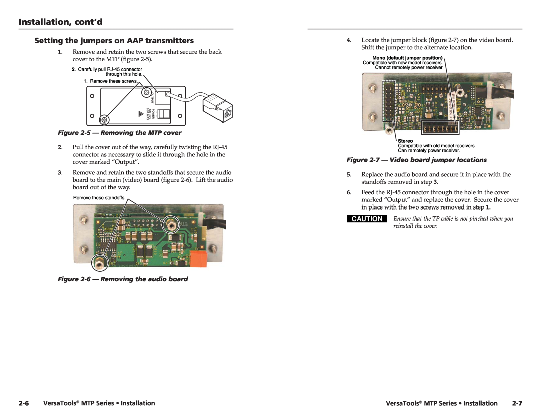 Extron electronic manual Setting the jumpers on AAP transmitters, Installation, cont’d, 5 - Removing the MTP cover 