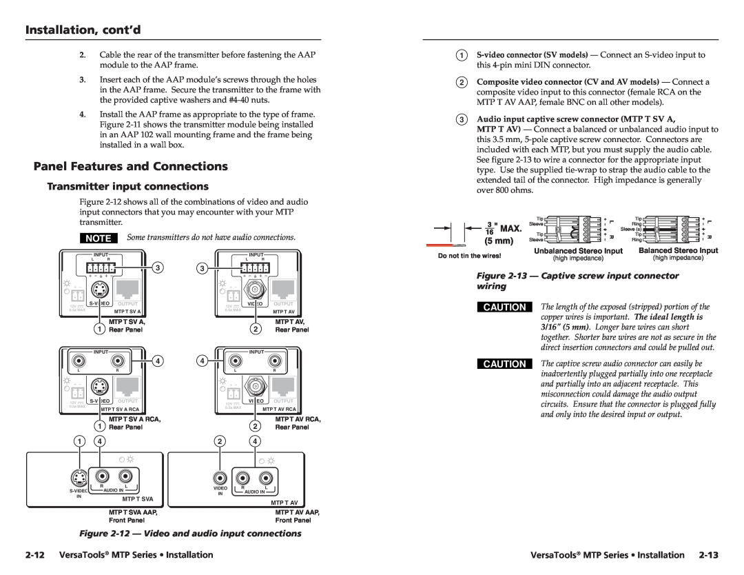 Extron electronic MTP manual Panel Features and Connections, Transmitter input connections, Installation, cont’d, wiring 