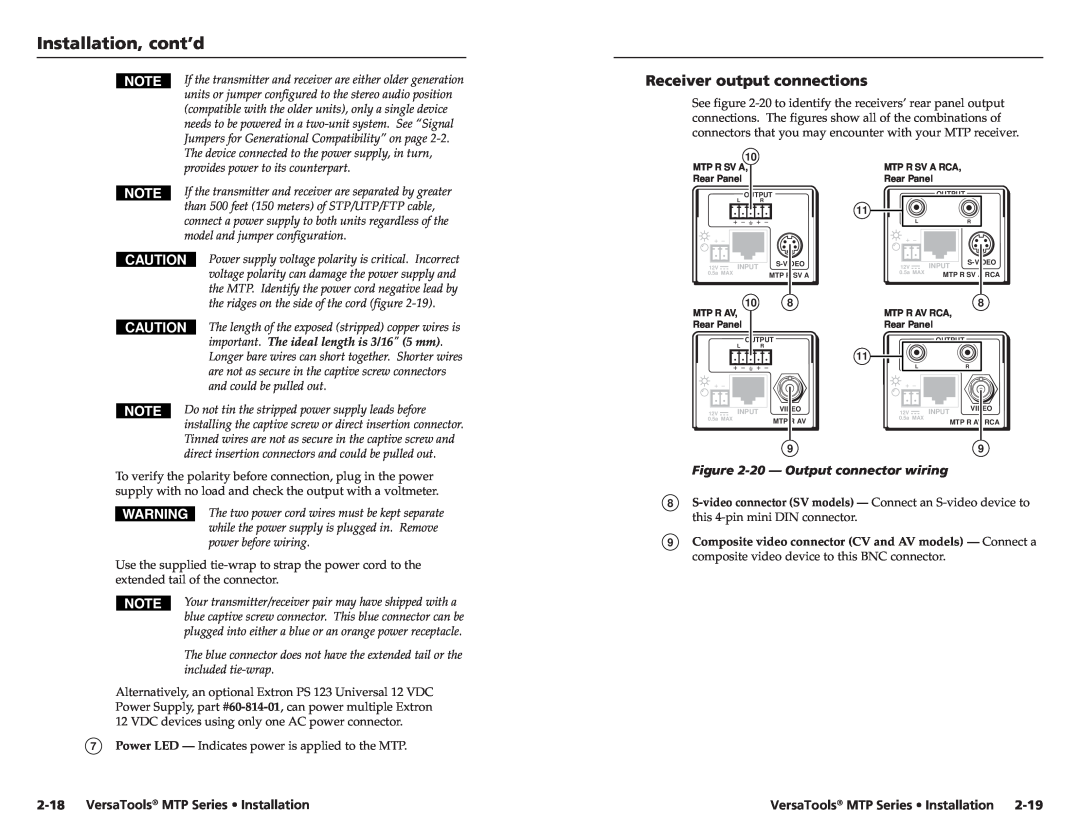 Extron electronic MTP manual Receiver output connections, Installation, cont’d, important. The ideal length is 3/16 5 mm 