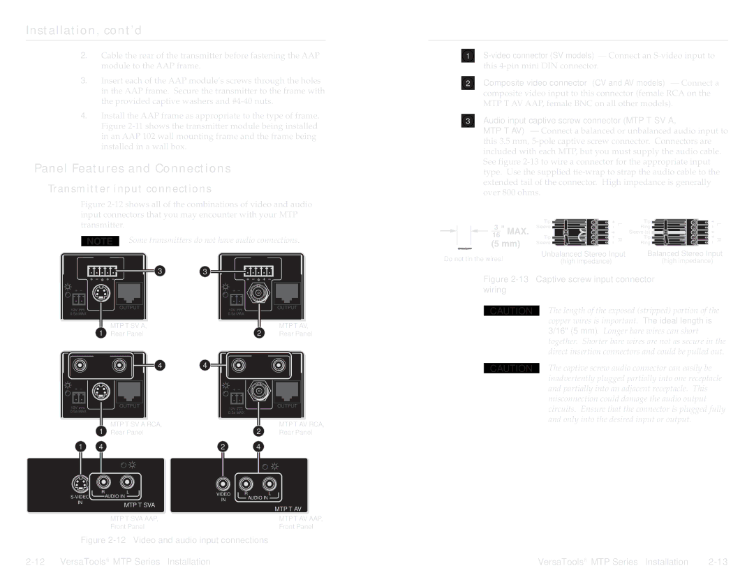 Extron electronic MTP manual Panel Features and Connections, Transmitter input connections 