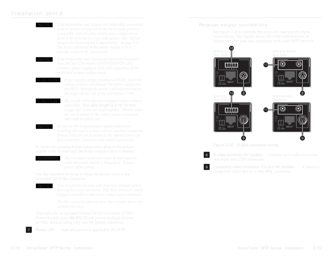 Extron electronic MTP manual Receiver output connections, Important. The ideal length is 3/16 5 mm 