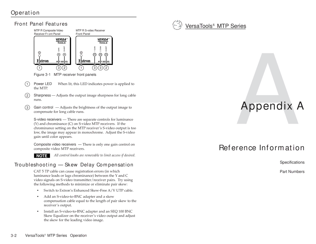 Extron electronic MTP manual AAppendix a, Reference Information, Operation, Front Panel Features 