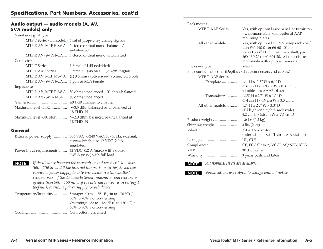 Extron electronic MTP Specifications, Part Numbers, Accessories, cont’d, Audio output audio models A, AV SVA models only 