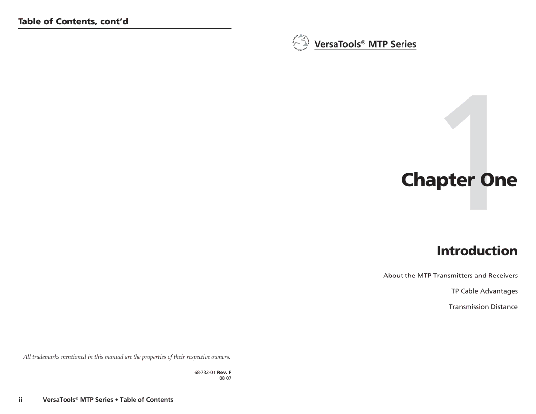 Extron electronic manual One, Introduction, VersaTools MTP Series, Table of Contents, cont’d 