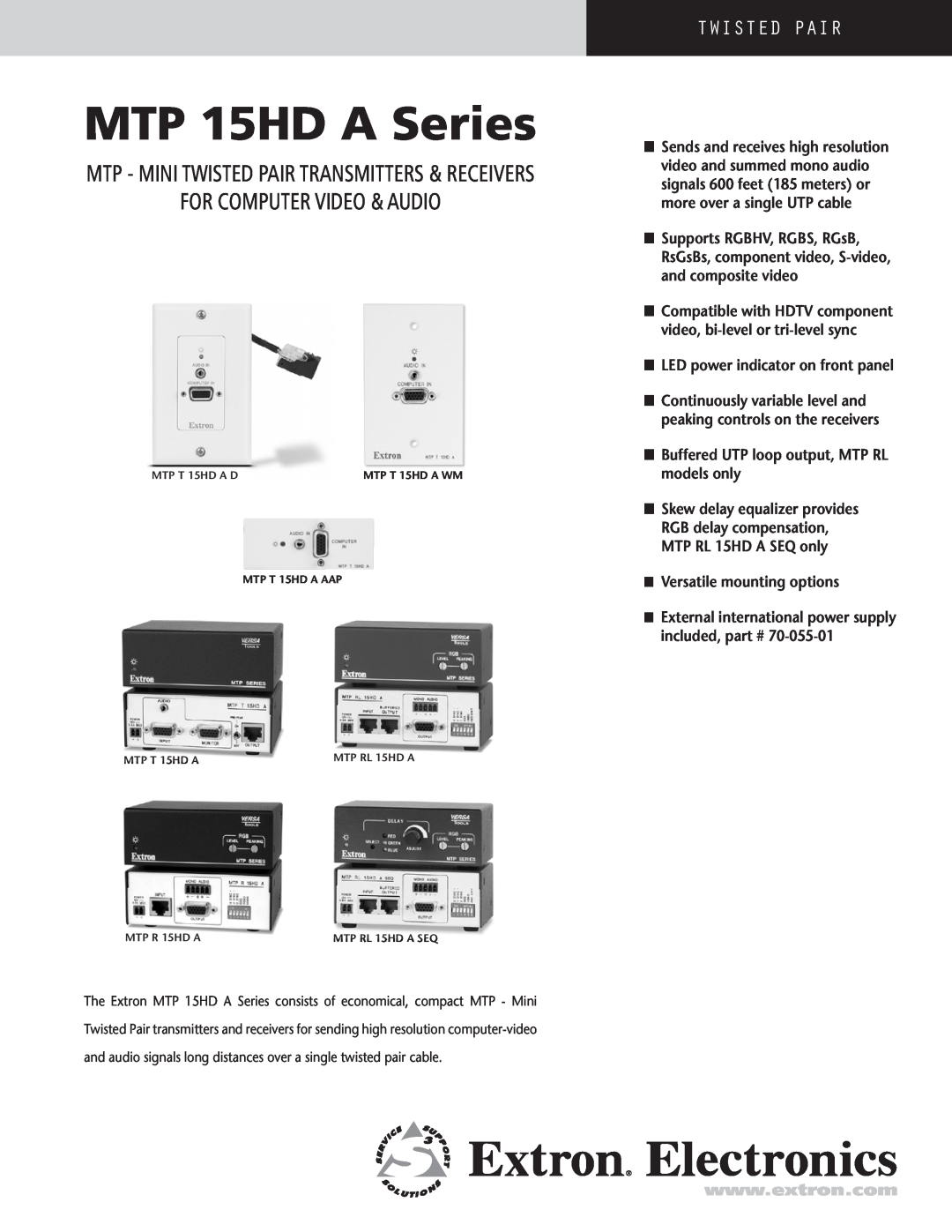 Extron electronic MTPT 15HD A AP, MTPT 15HD AD manual For Computer Video & Audio, MTP 15HD A Series, Twisted Pair 