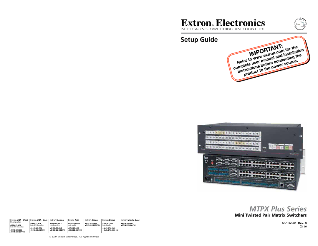 Extron electronic MTPX PLUS 168, MTPX PLUS 816, MTPX PLUS 1616 setup guide Setup Guide, Mini Twisted Pair Matrix Switchers 