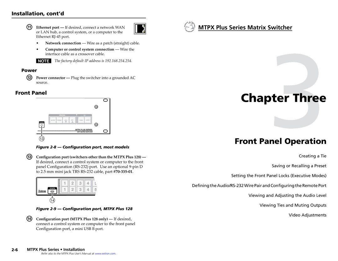 Extron electronic MTPX PLUS 3232, MTPX PLUS 816 Front Panel, Power, Configuration port switchers other than the Mtpx Plus 